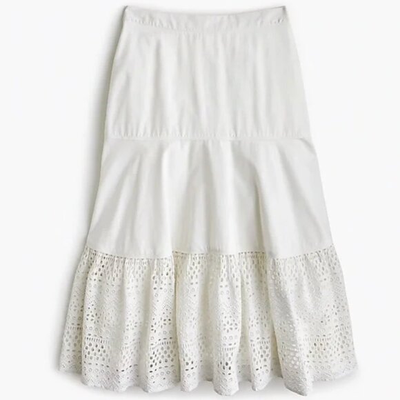 J.Crew Point Sur Tiered Skirt In Mixed Eyelet, 100% Cotton - White, Size 0 - Picture 1 of 4
